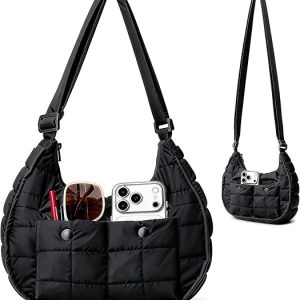 Quilted Nylon Crescent Shoulder Bag - Black