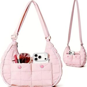 Quilted Nylon Crescent Shoulder Bag - Pink