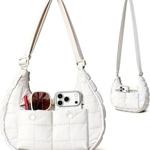 Quilted Nylon Crescent Shoulder Bag - White